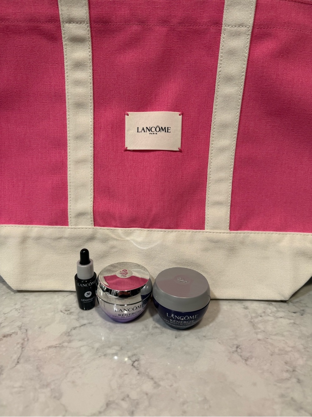 NEW Lancôme Pink Canvas Tote with Renergie and Genefique Samples